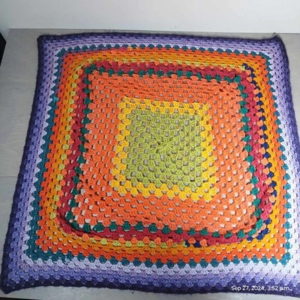 Handmade Crochet rainbow blanket art‎ square vibrant colors Tapestry